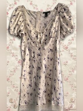 Floral Dress, Lace Trim, Puff Sleeves
